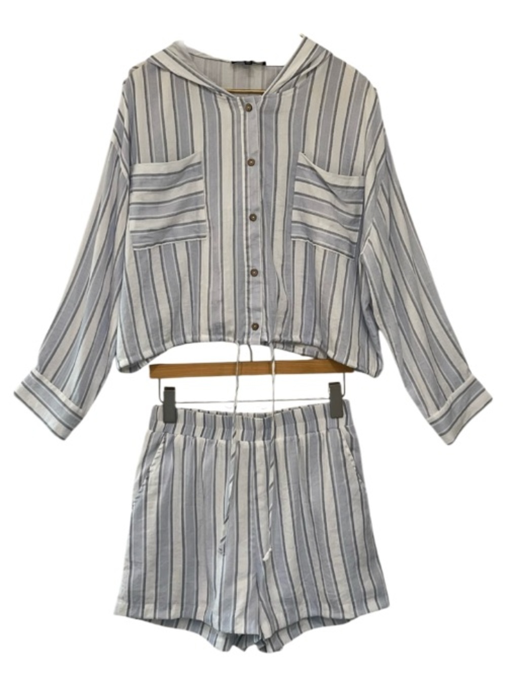 Aakaa Striped Hooded Shorts Set Blue White Matching Set Size M